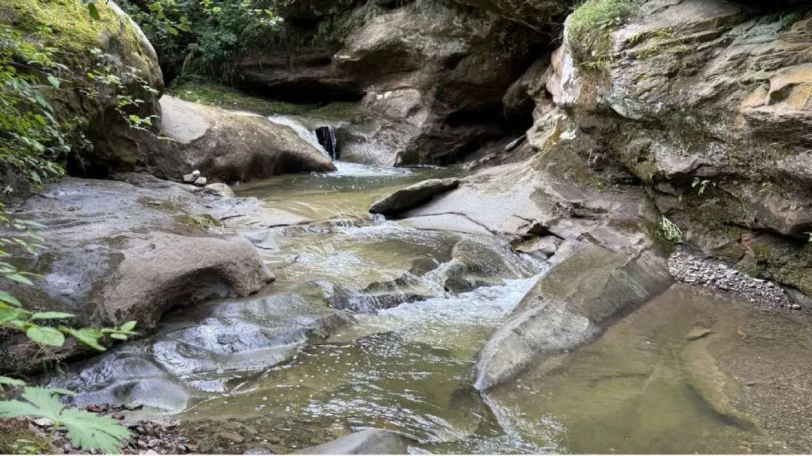 Кам'яне русло гірського потоку з невеликим водоспадом